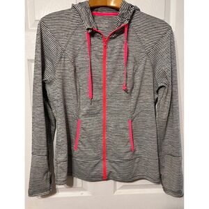 Lukka Women's XL Striped Full Zip Hoodie Grey Neon Pink Thumbholes Activewear